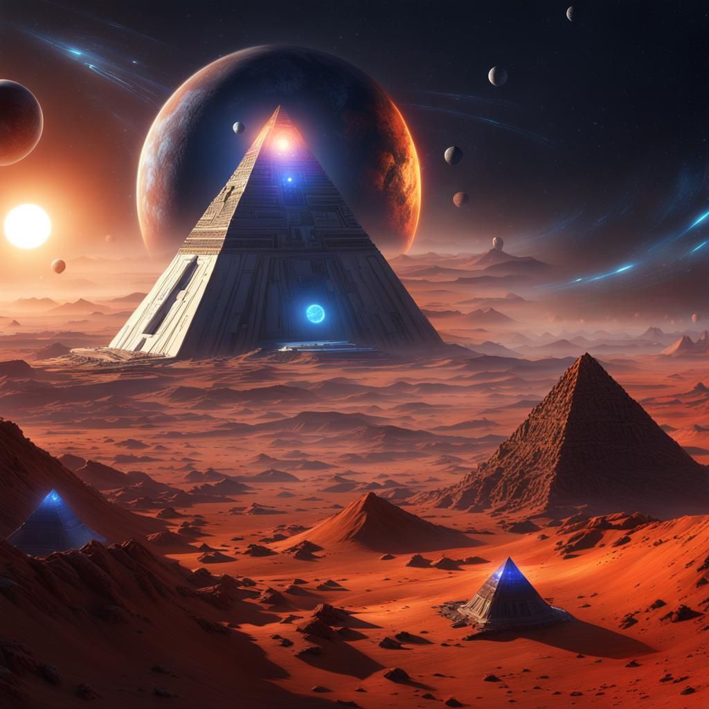 Pyramid Planet in Triple Star Orbit: Fantasy Concept Art
