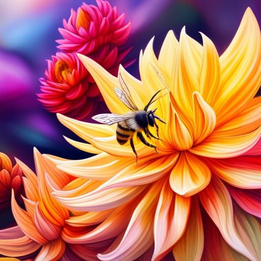Hyperrealistic Bees in Dahlia Garden Splash Art