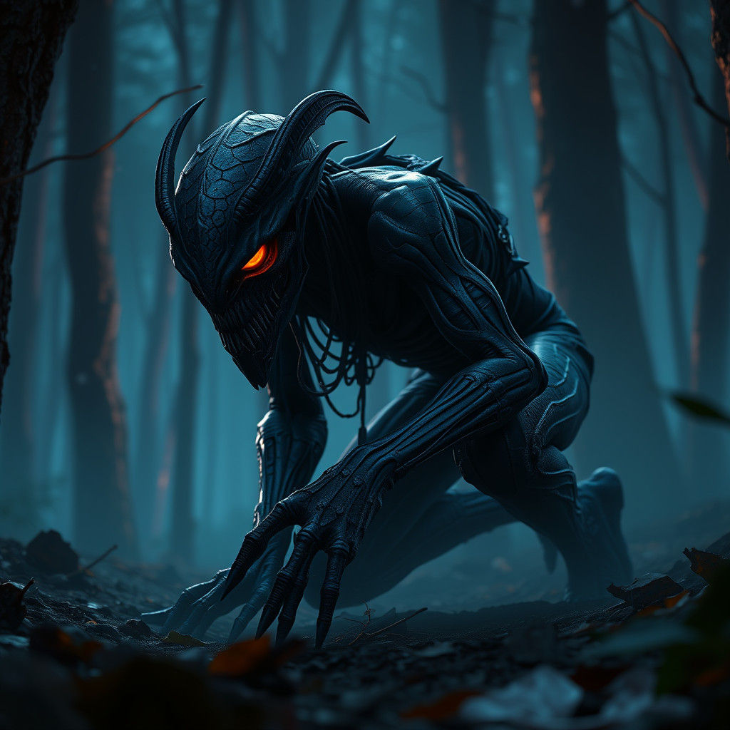 Skin Walker Crawling Through Woods: Detailed Matte Painting