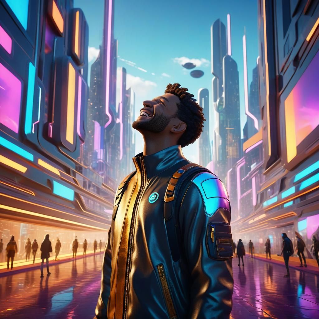Joyful Person in Futuristic Cityscape, 3D Render