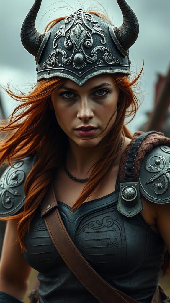 Fierce Barbarian Woman Warrior on Stormy Battlefield