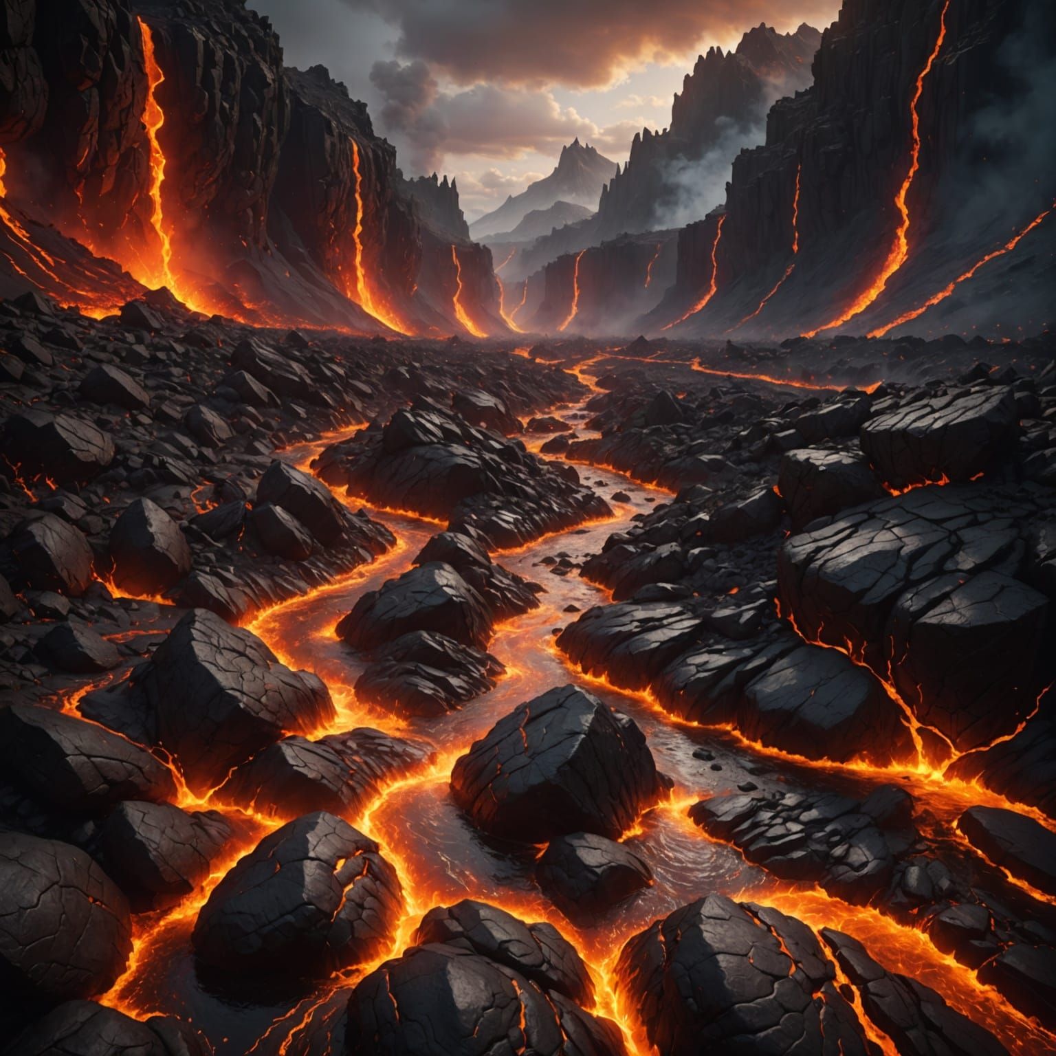 Lava River Flowing Down Rocky Terrain