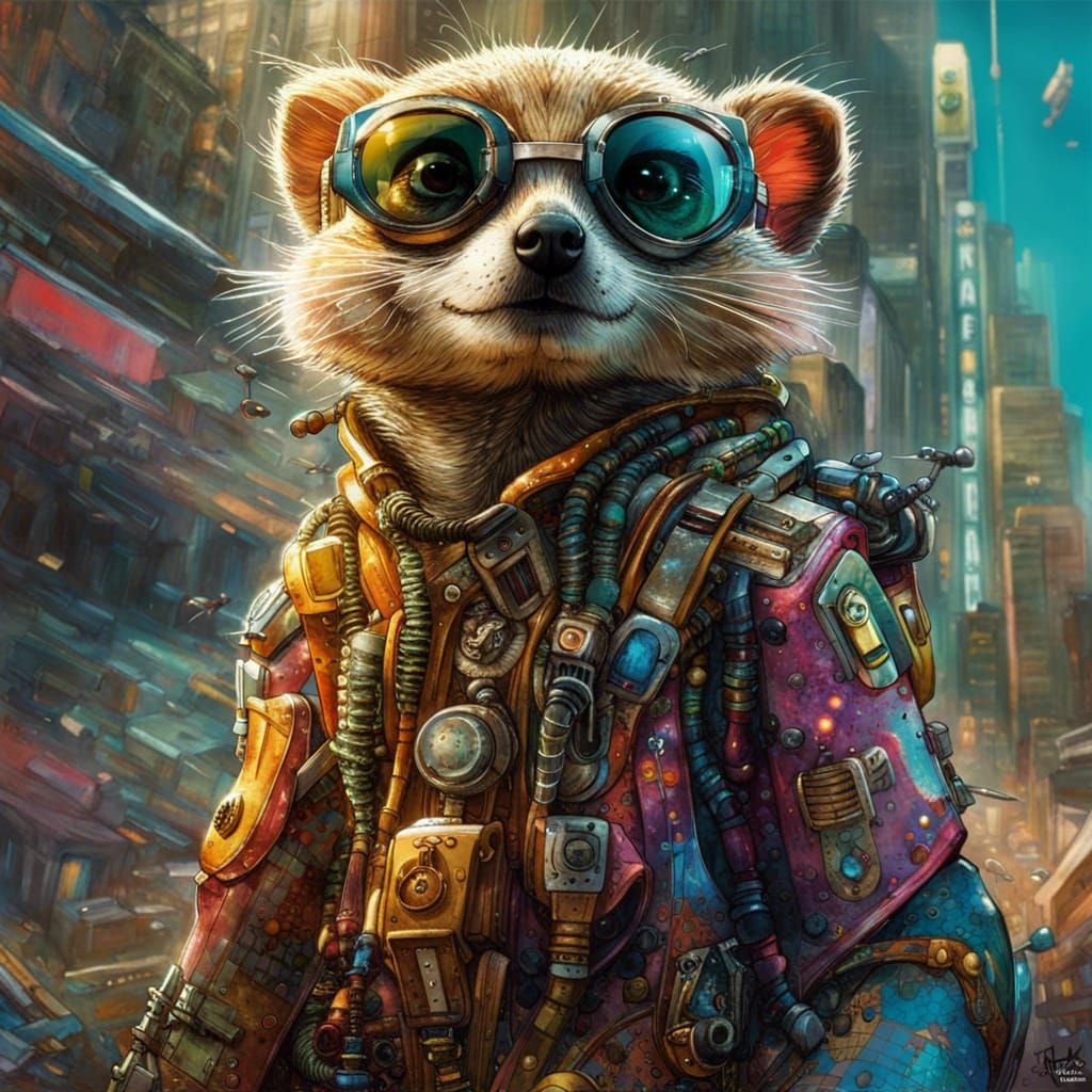 Meerkat Superhero Flies Above City, a Fantasy Masterpiece
