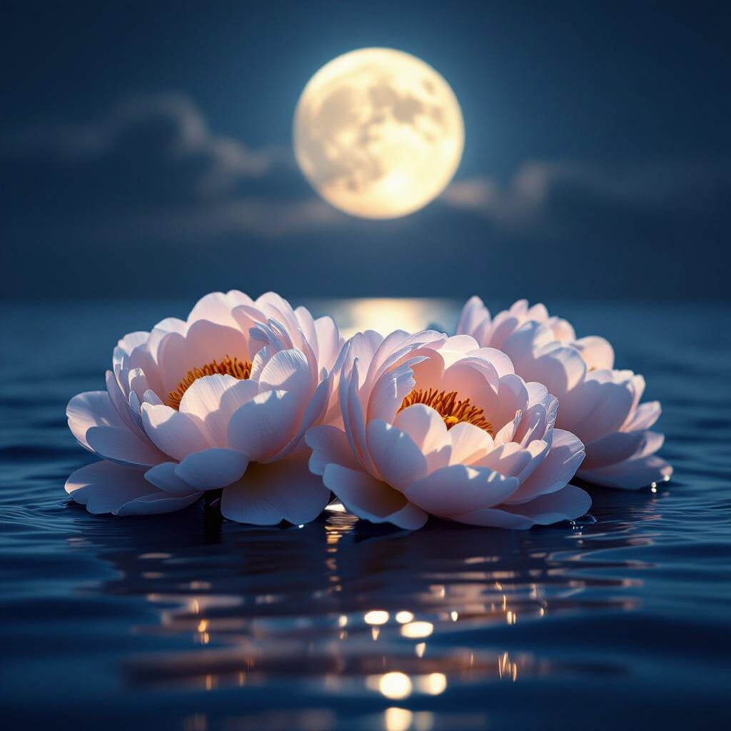 Luminous Peonies Floating on Dark Sea Under Full Moon