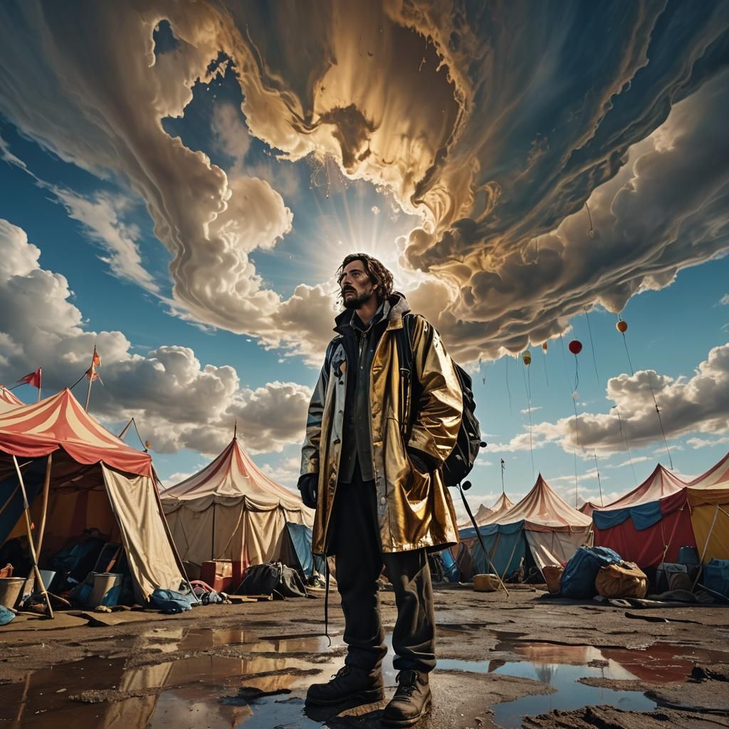 Surreal Homeless Person Gazing at Melting Circus Tent