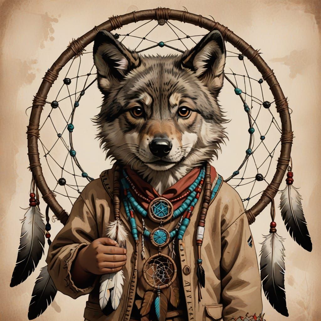 Native American Boy and Wolf in Dreamcatcher