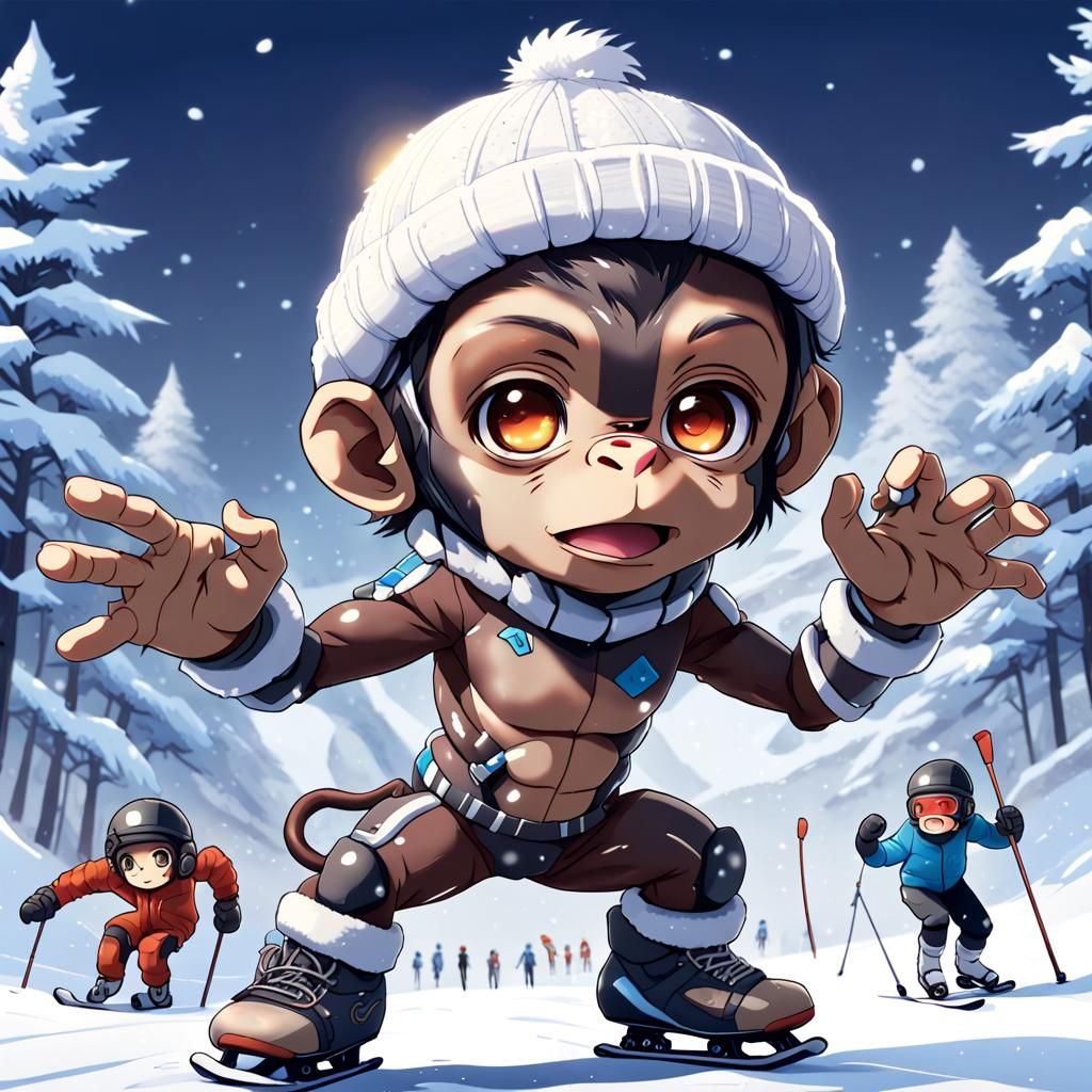 Chibi Cyborg Chimpanzee Glow Eye Winter Sports Anime