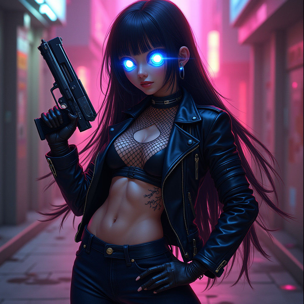 Android Rock Star with Laser Pistol in Cyberpunk Style