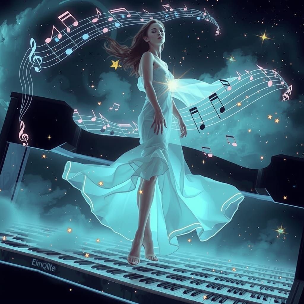Ethereal Woman Plays Starry Piano in Neon Light