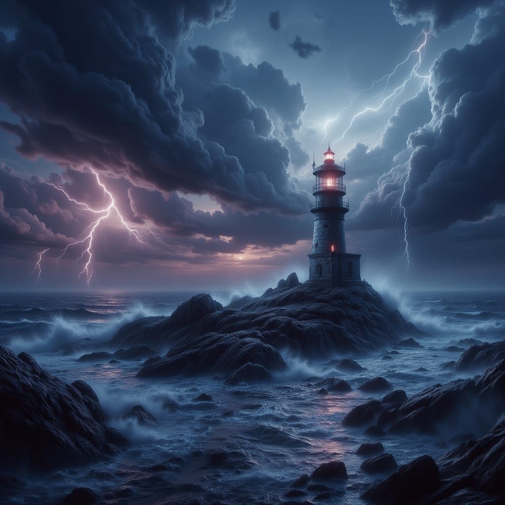 Stormy Lighthouse on Rocky Outcropping in Dramatic Light