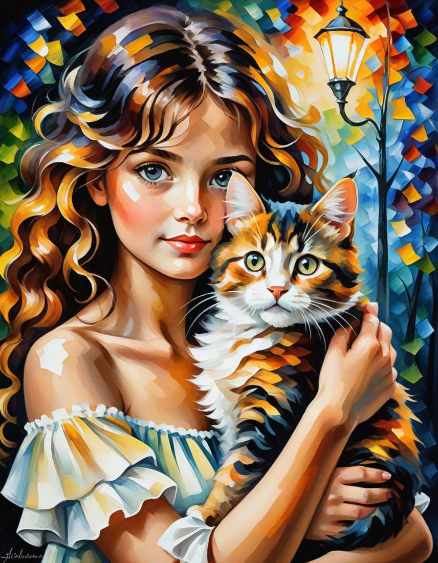 Little Girl Holding a Cat in Leonid Afremov Style