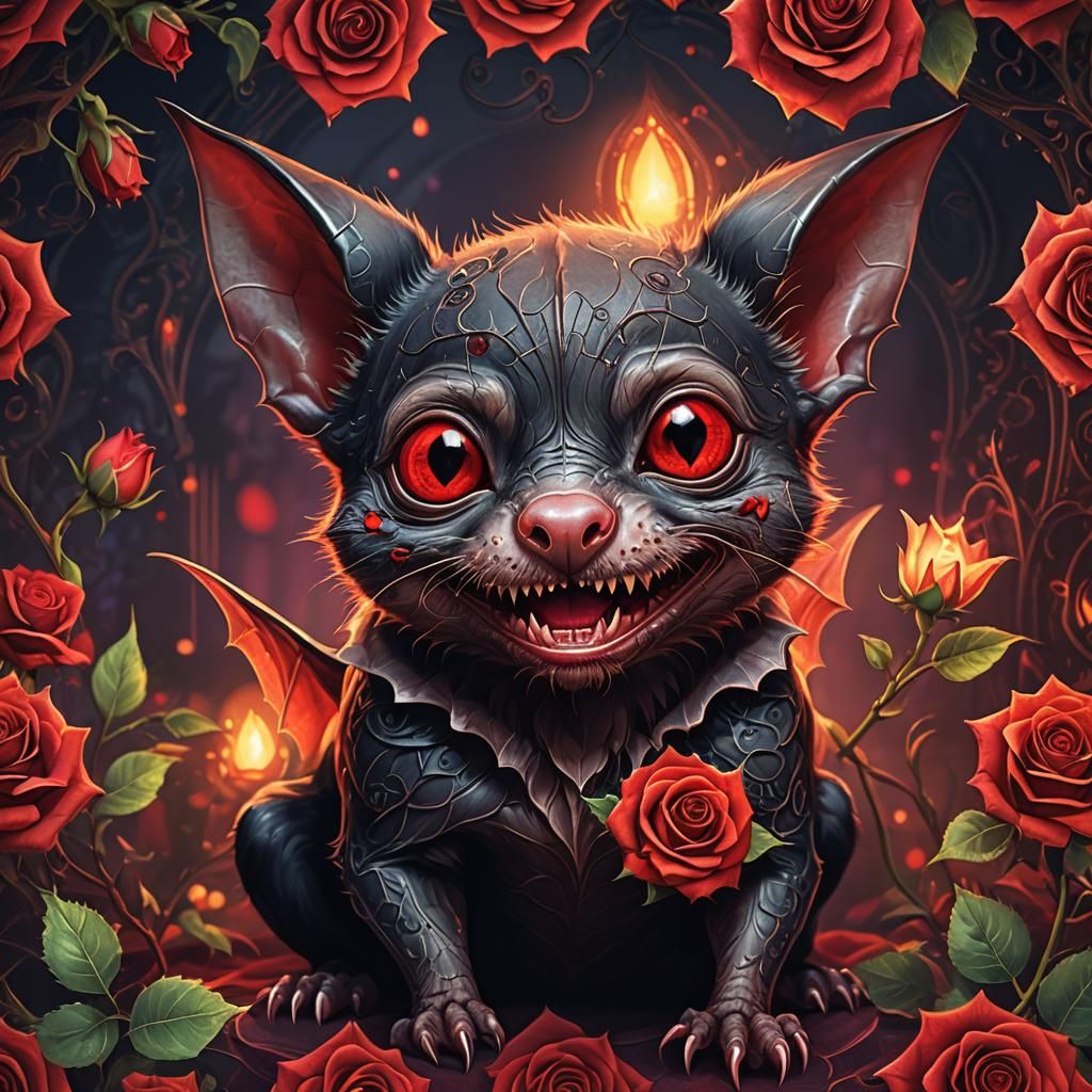 Cute Vampire Bat with Rose, Digital Art