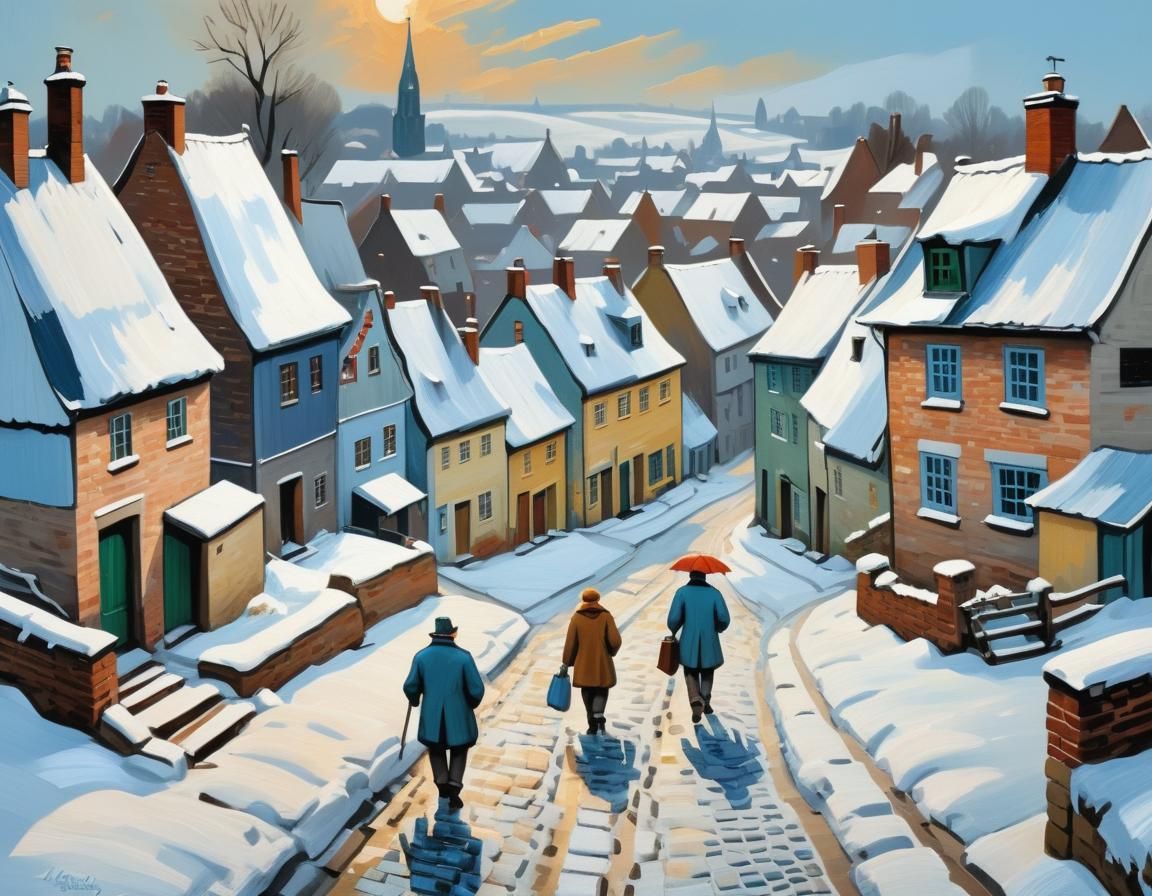 Snowy Village Scene as Impasto Gouache Painting