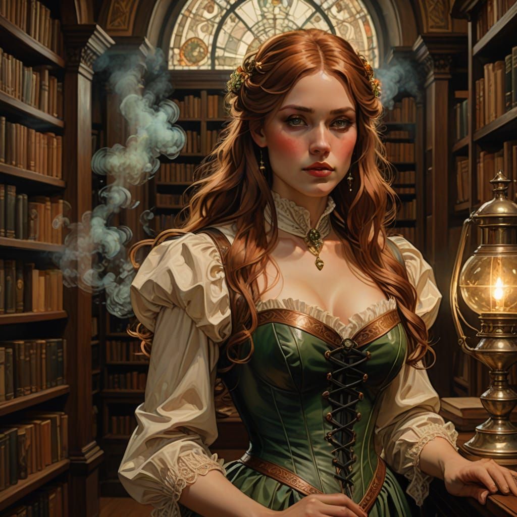 Dark Romantic Oil Painting of Ethereal Woman in Library