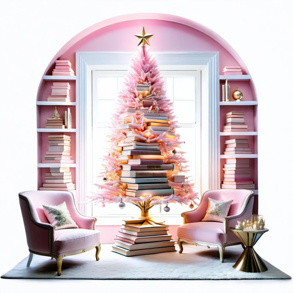 Pink and White Book Christmas Tree, Ink and Watercolor