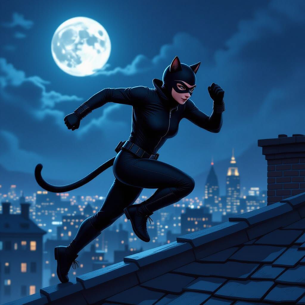 Agile Catburglar on Moonlit Rooftop in Digital Art Style