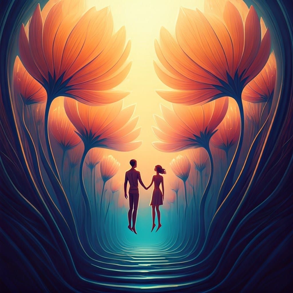 Ethereal Couple in Vibrant Dreamland with Melting Bodies and...