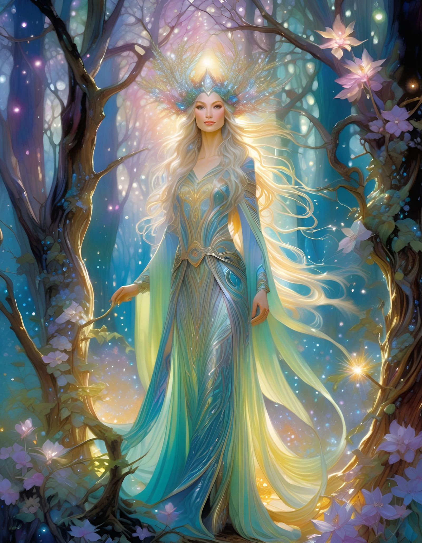Enchanting Elf in Sparkling Magical Forest