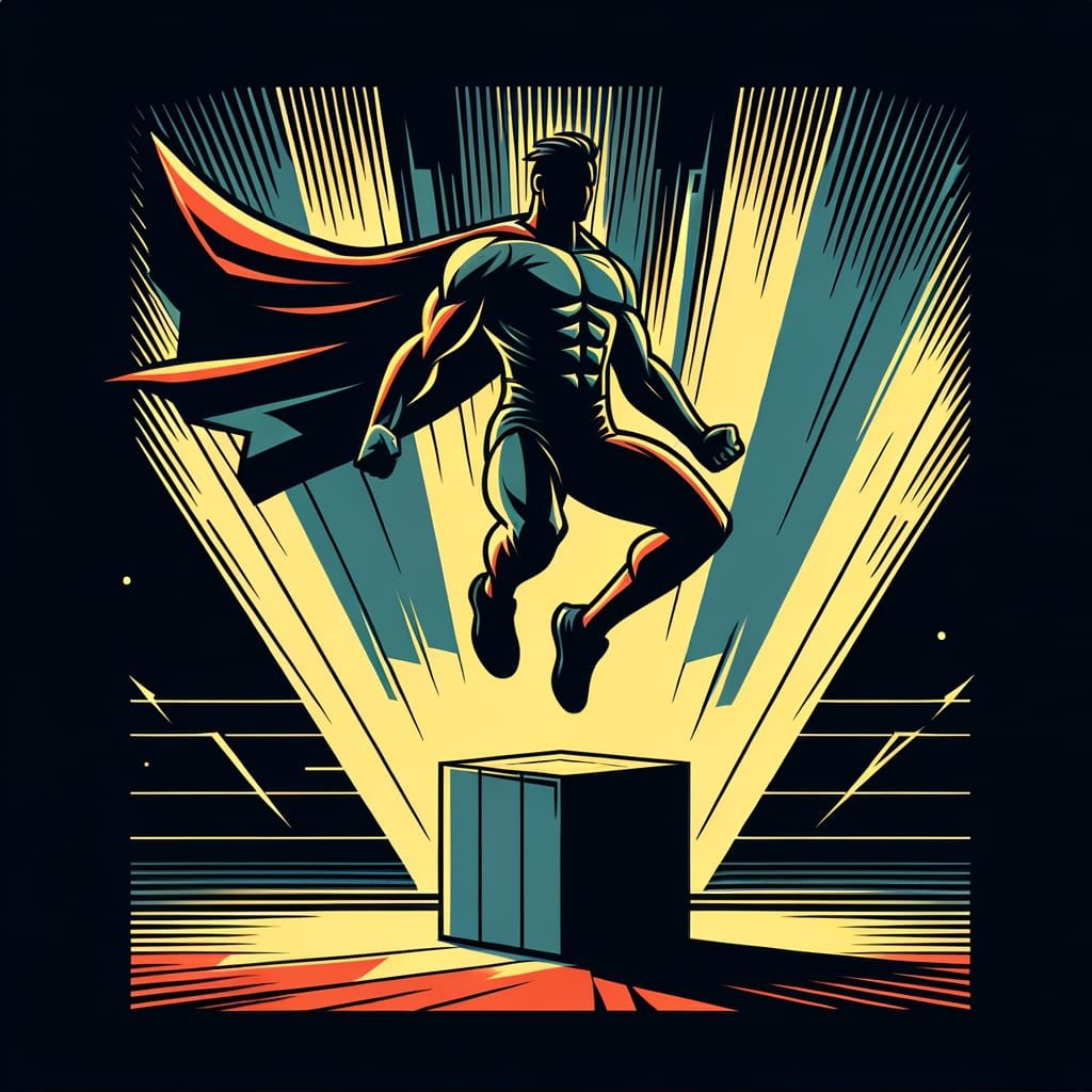 Powerful Superhero Silhouette in Bold Lines and Triadic Colo...