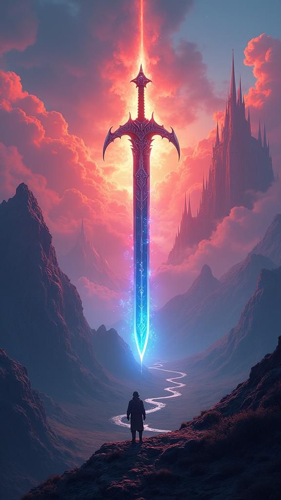 Legendary Sword Logo in Mystical Landscape