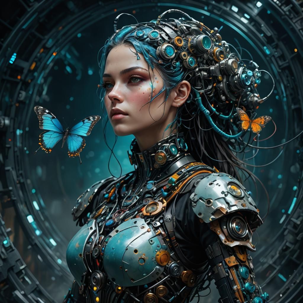 Biopunk girl and dream of butterfly