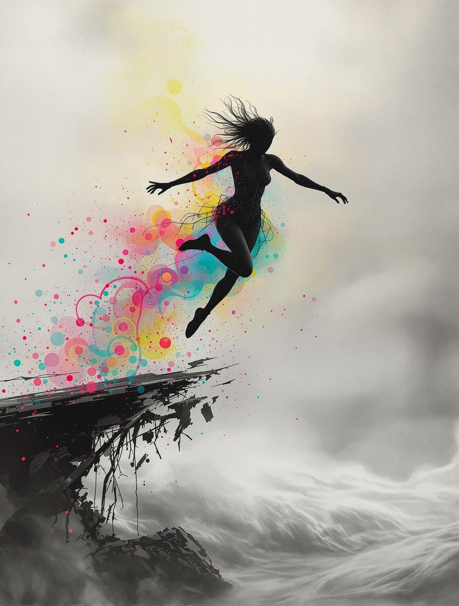 Daring Leap Above Fracturing Waters in Neon Pastel Haze