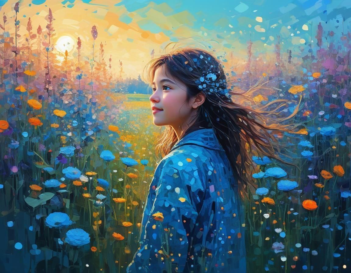 Ethereal Floral Art: Smiling Girl in Luminous Field