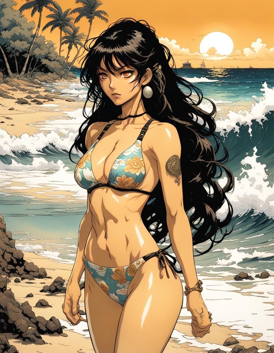 1980's video game by Katsuya Terada. The character is a hawaiian girl in swimsuit, shy look, long black hair. Big detail...