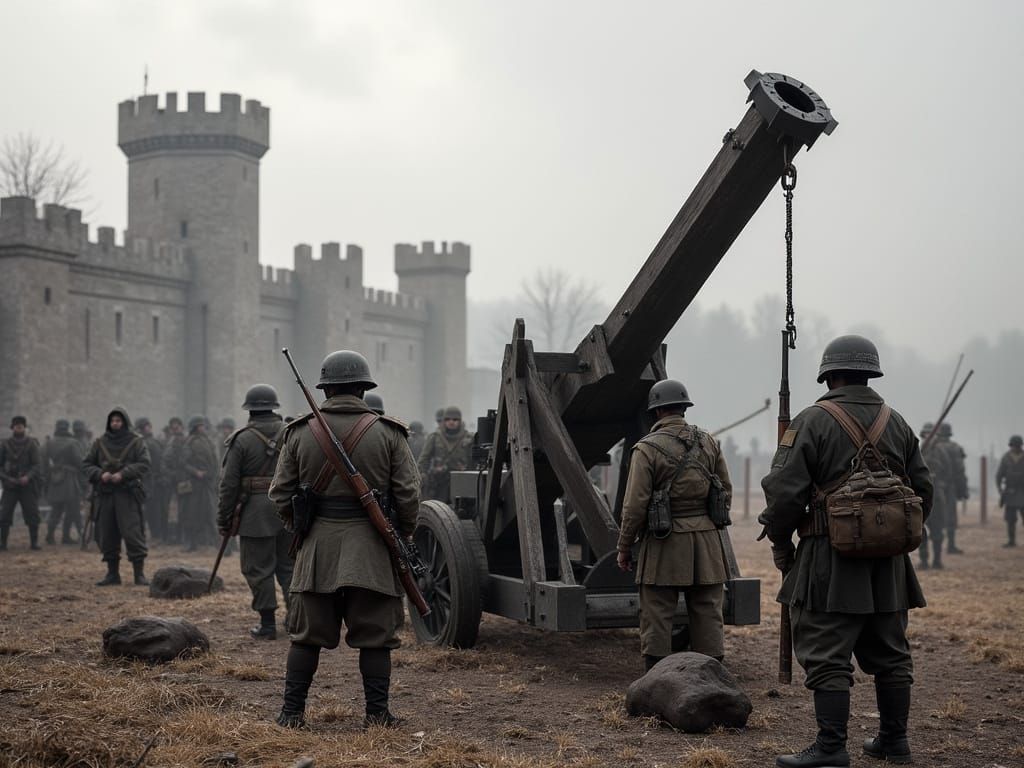US Soldiers Prepare Trebuchet at Castle Siege