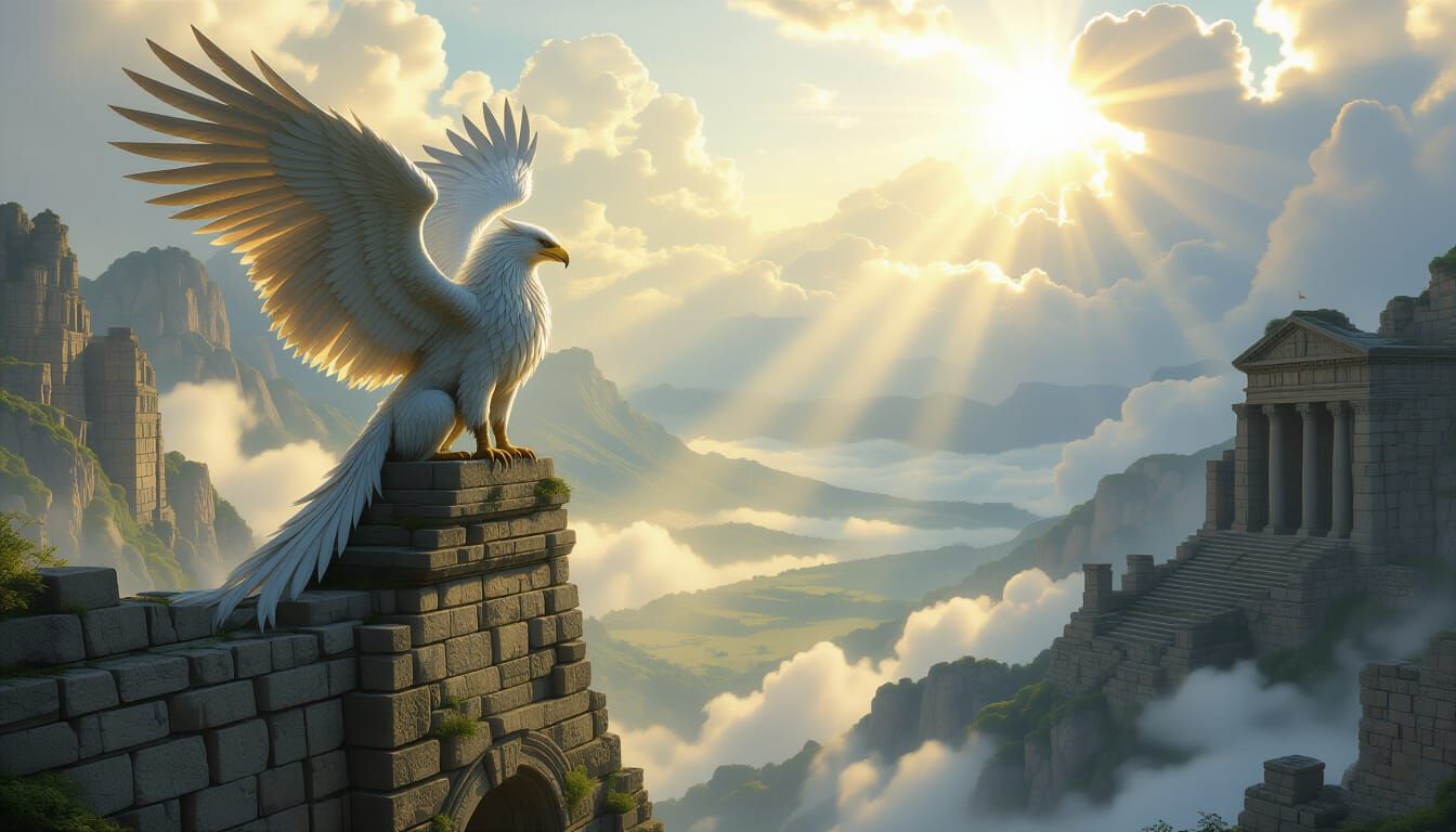 Majestic Griffin Perched on Ancient Ruins in Fantasy Art Sty...