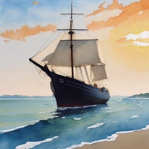 Impressionist Oil Painting of a Lone Boat at Golden Hour