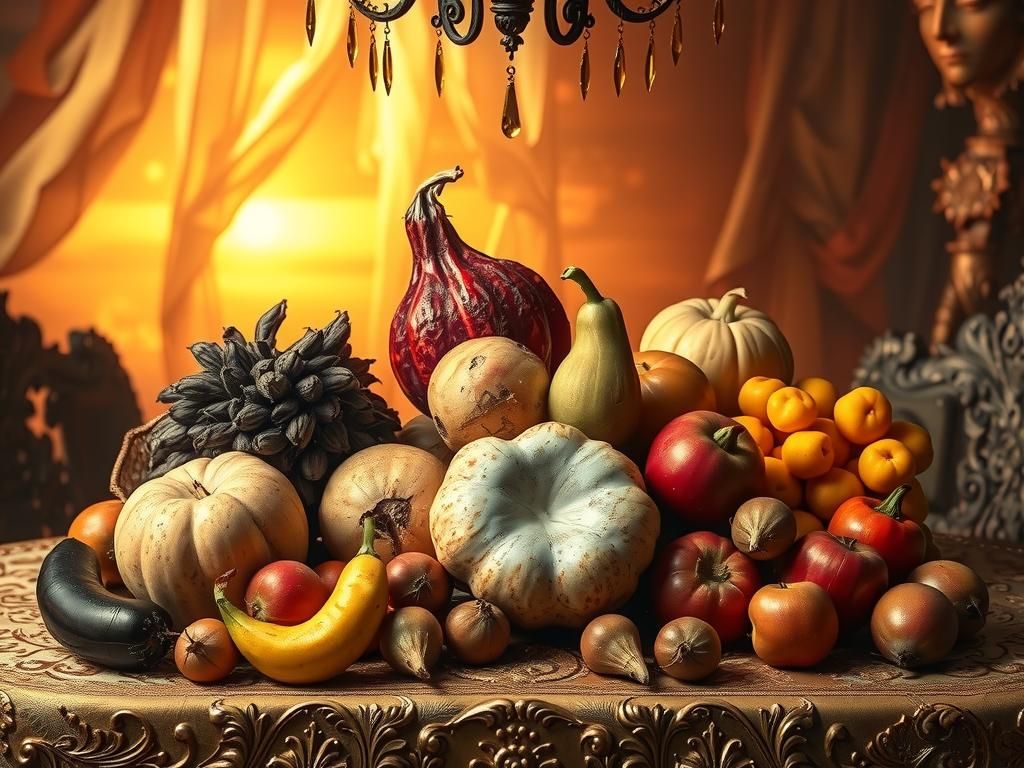 Vibrant Still Life of Decaying Food in Baroque Style