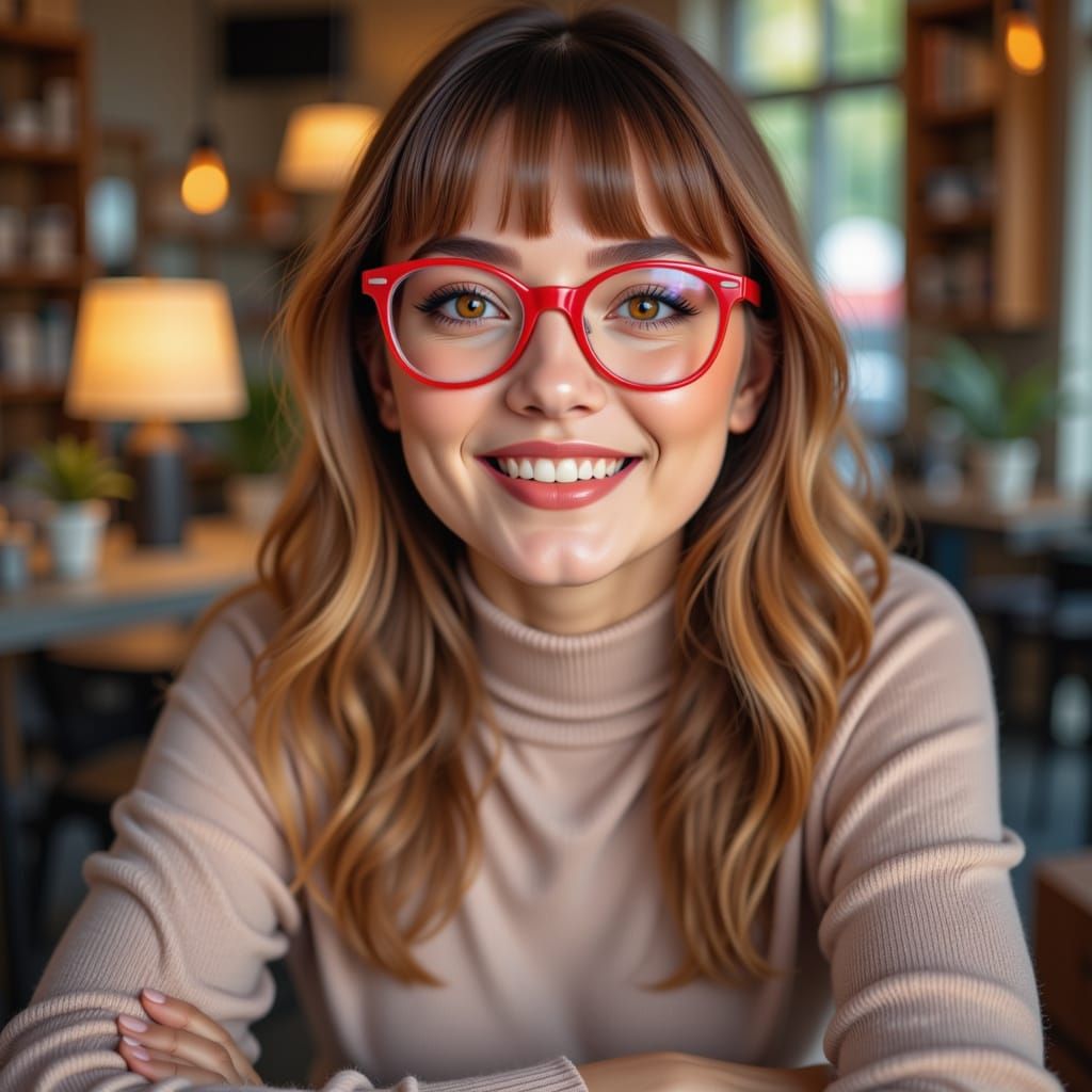 Woman in Red Glasses Smiles Warmly in Studio Portrait