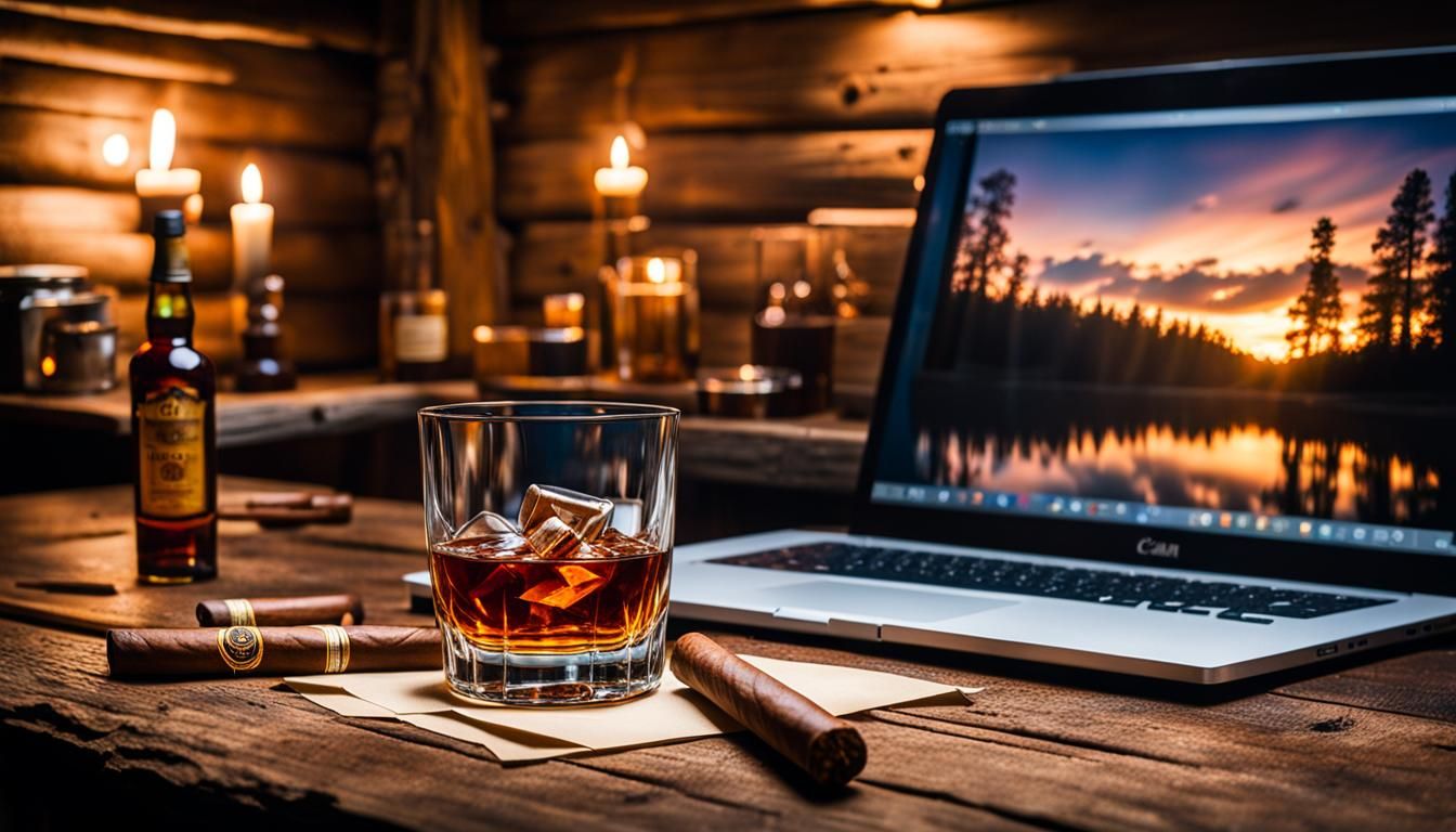 Bourbon and Cigar in Rustic Cabin at Night
