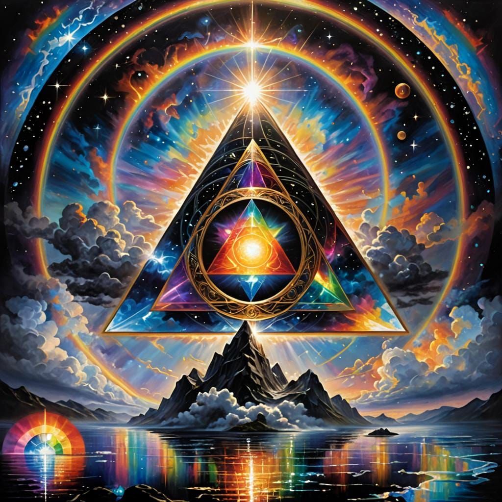 Opalescent Tesseract with Rainbow in Divine Sky