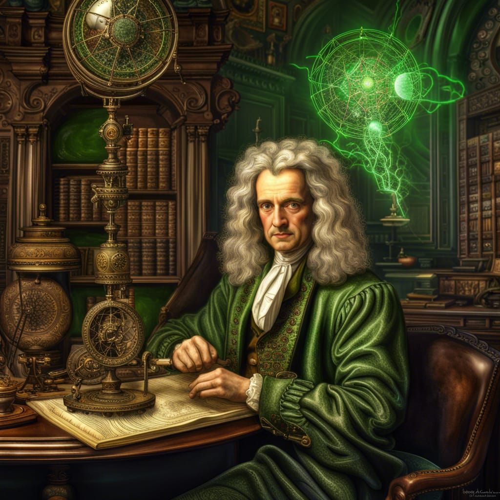 Sir Isaac Newton in Steampunk Style with Green Haze