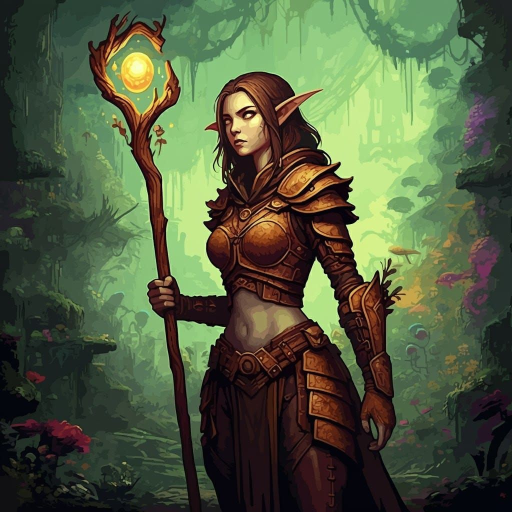 Pixel Art Elf in Lush Fantasy Forest