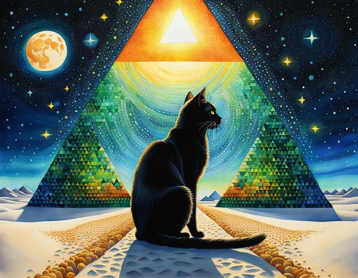 Surreal Cat Enters Magical Portal: Pointillism Painting