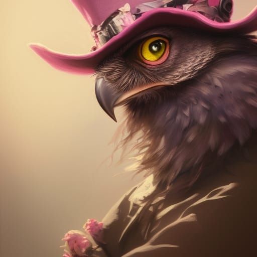 Mad Hatter Owl Portrait in Hyperdetailed Style