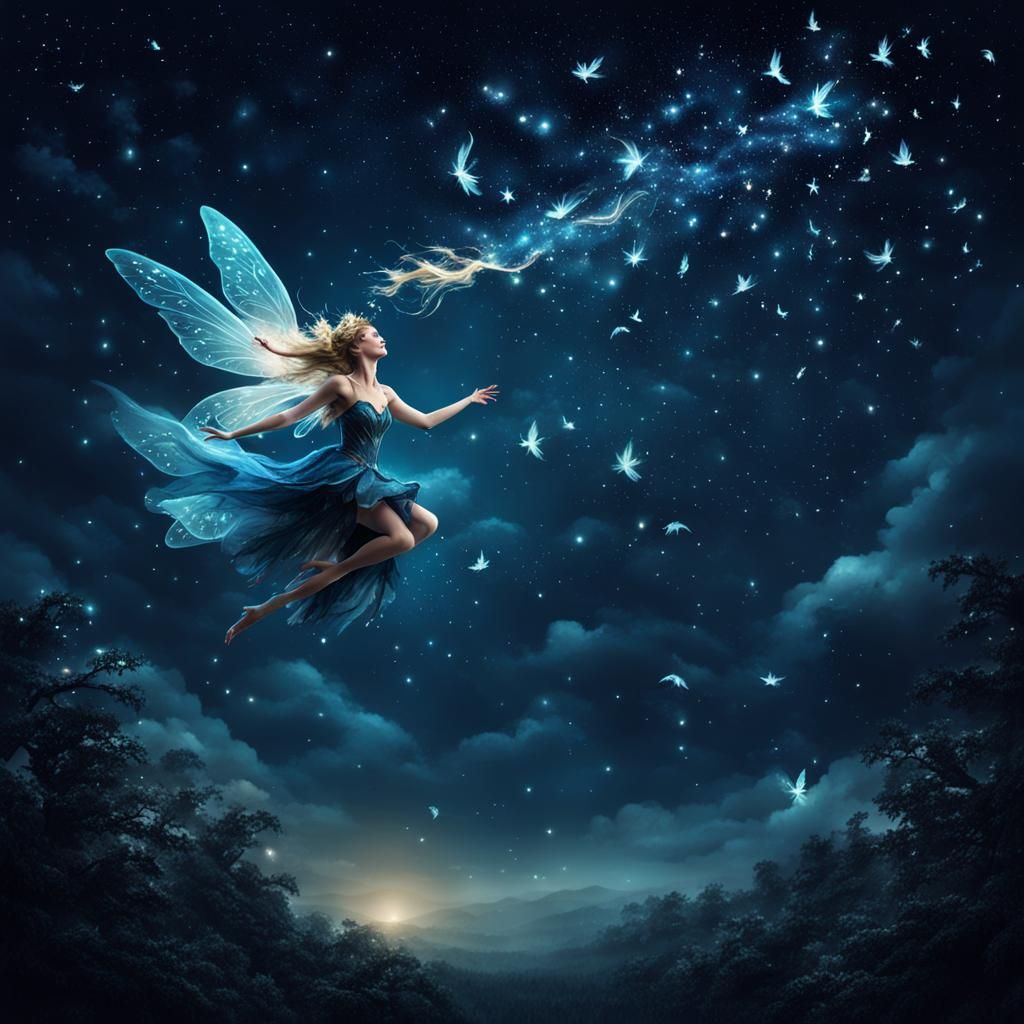 Enchanting Fairy Descends Through Night Skies