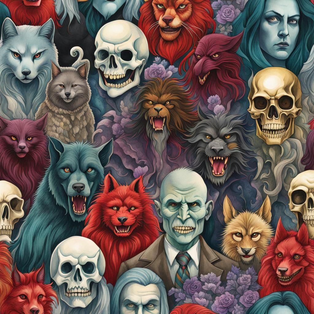 Halloween Monsters Collage in Ink and Watercolor