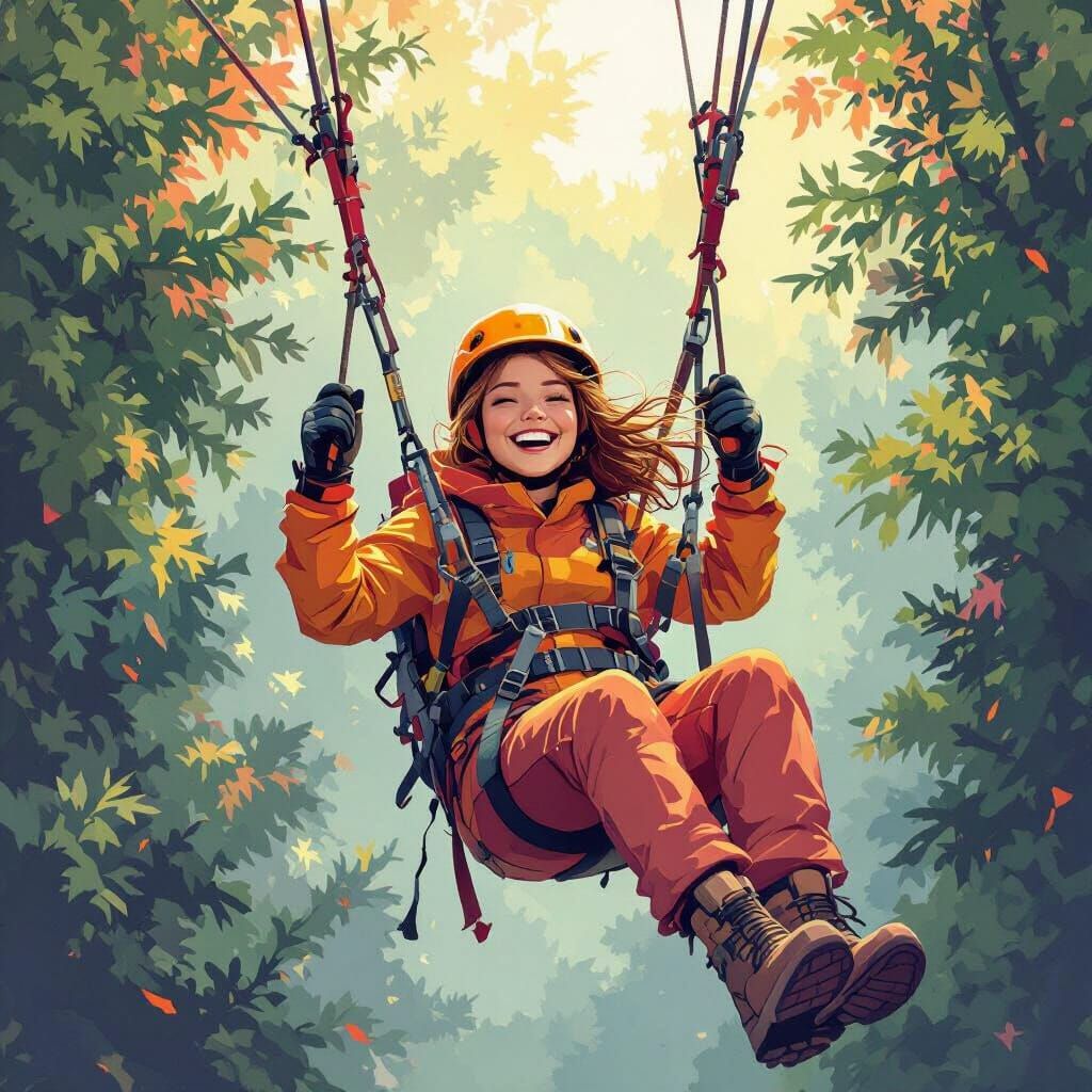 Person Ziplining in Colorful Costume, Animated Style
