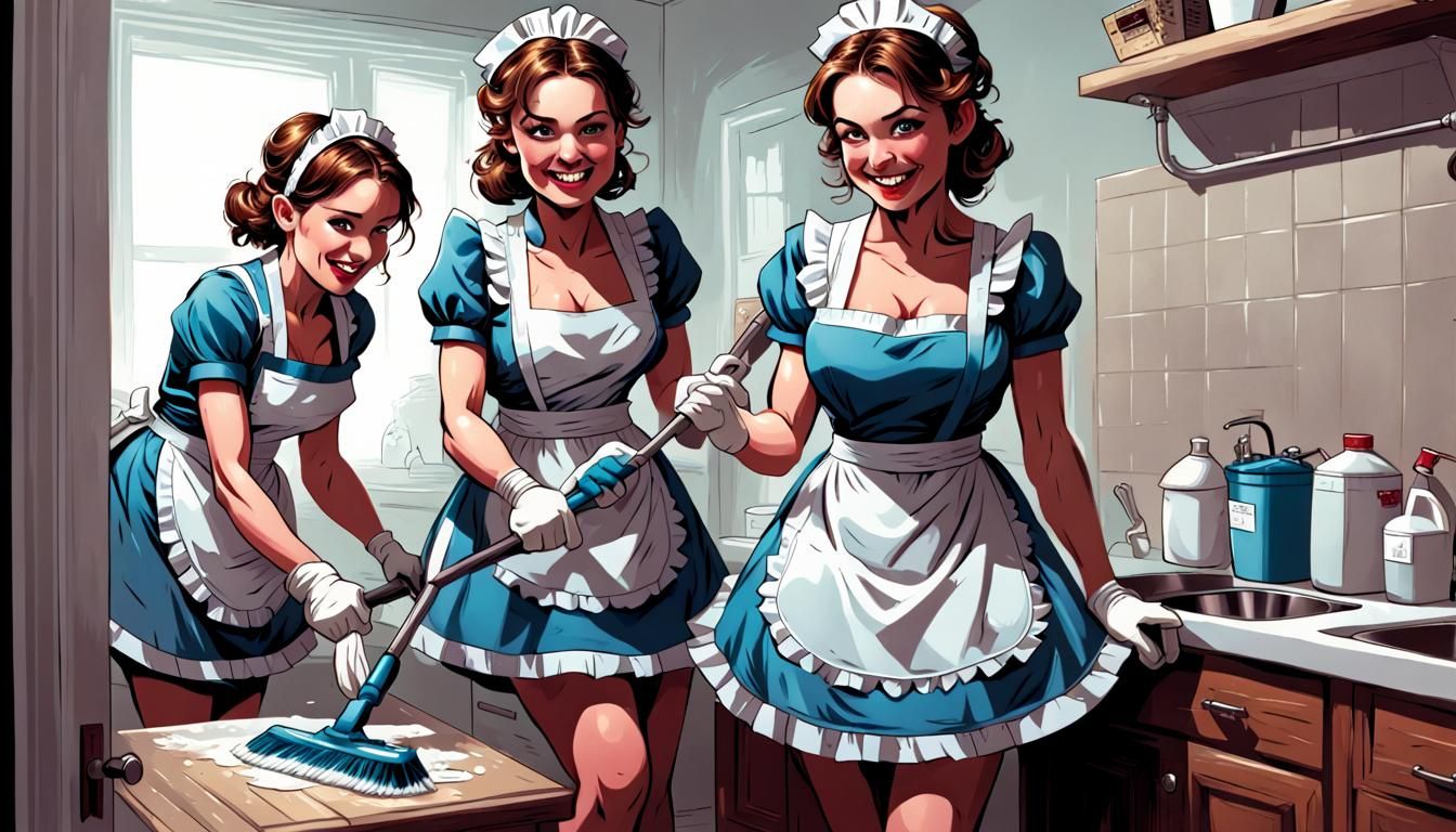 Cheerful Maids Cleaning: Comic Book Art Style