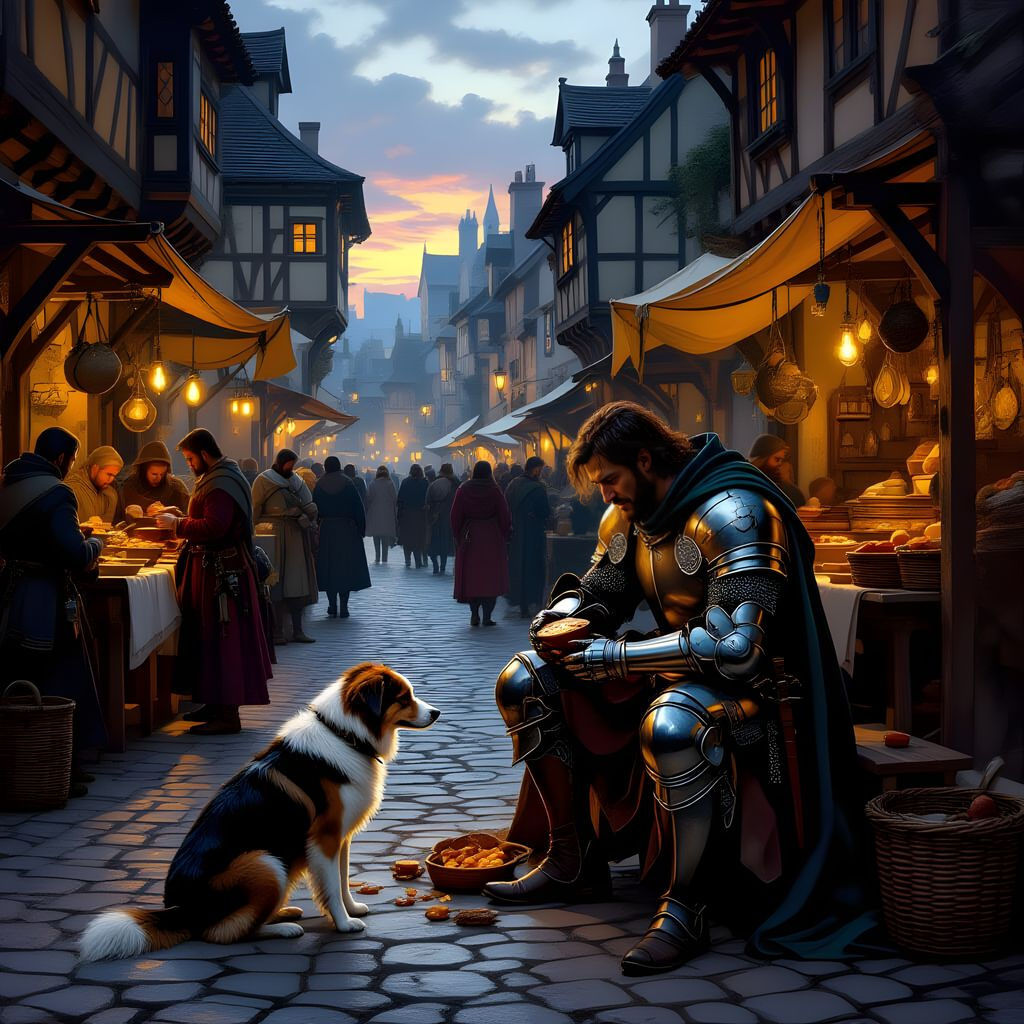 Renaissance Knight Shares Food With Dog in Dusk Marketplace