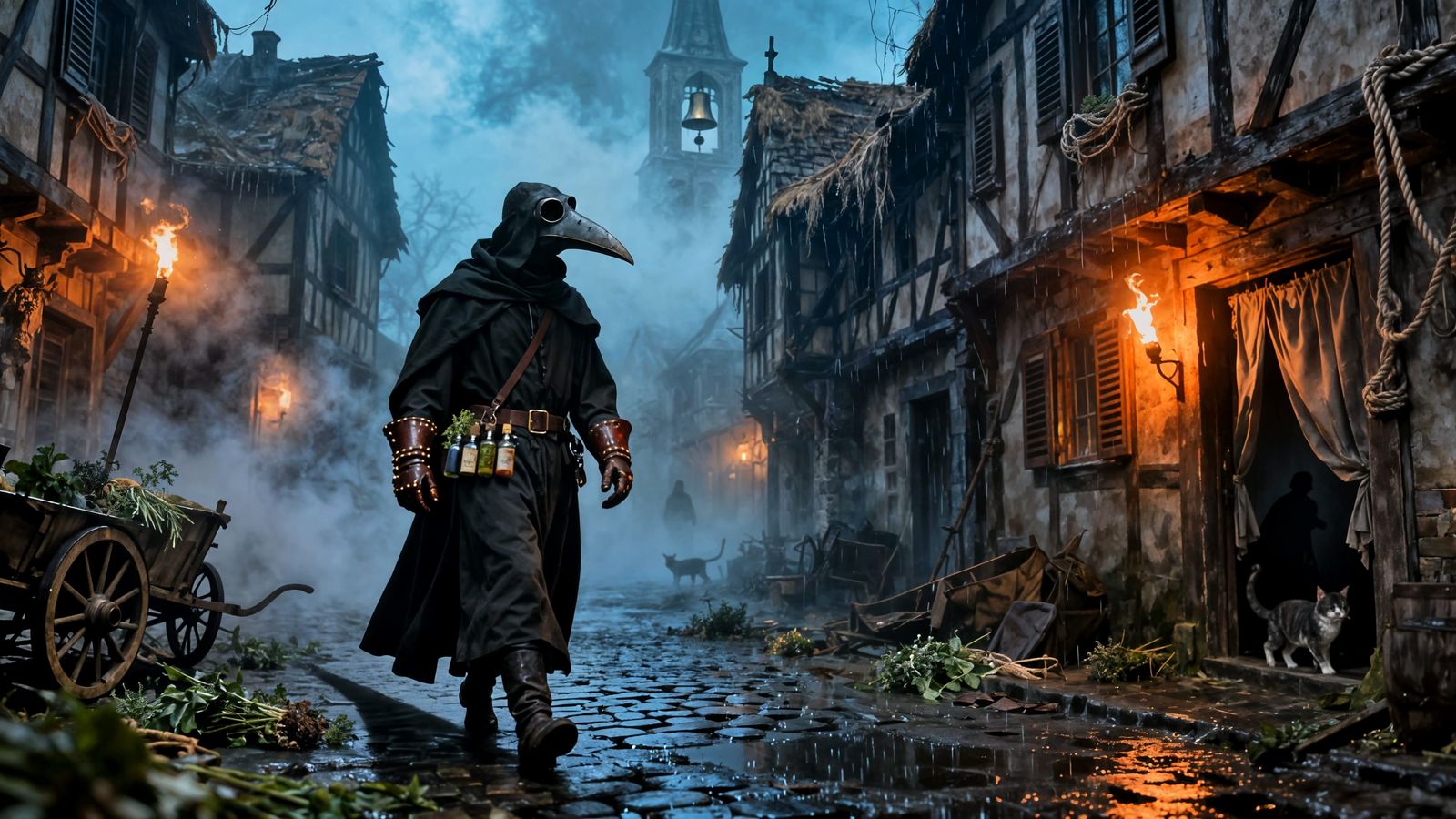Plague Doctor in Foggy Medieval Street
