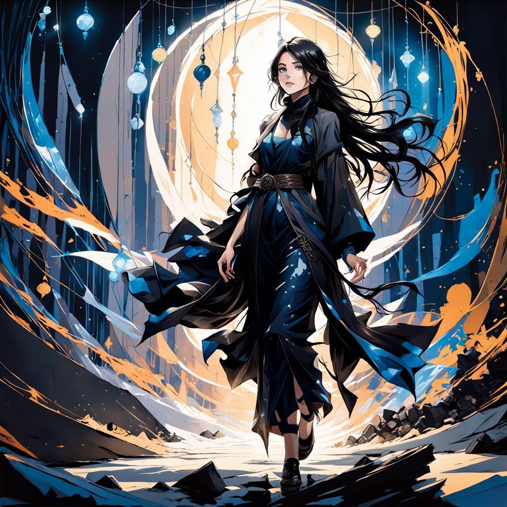 Sorceress with Magical Lights in Gouache Style