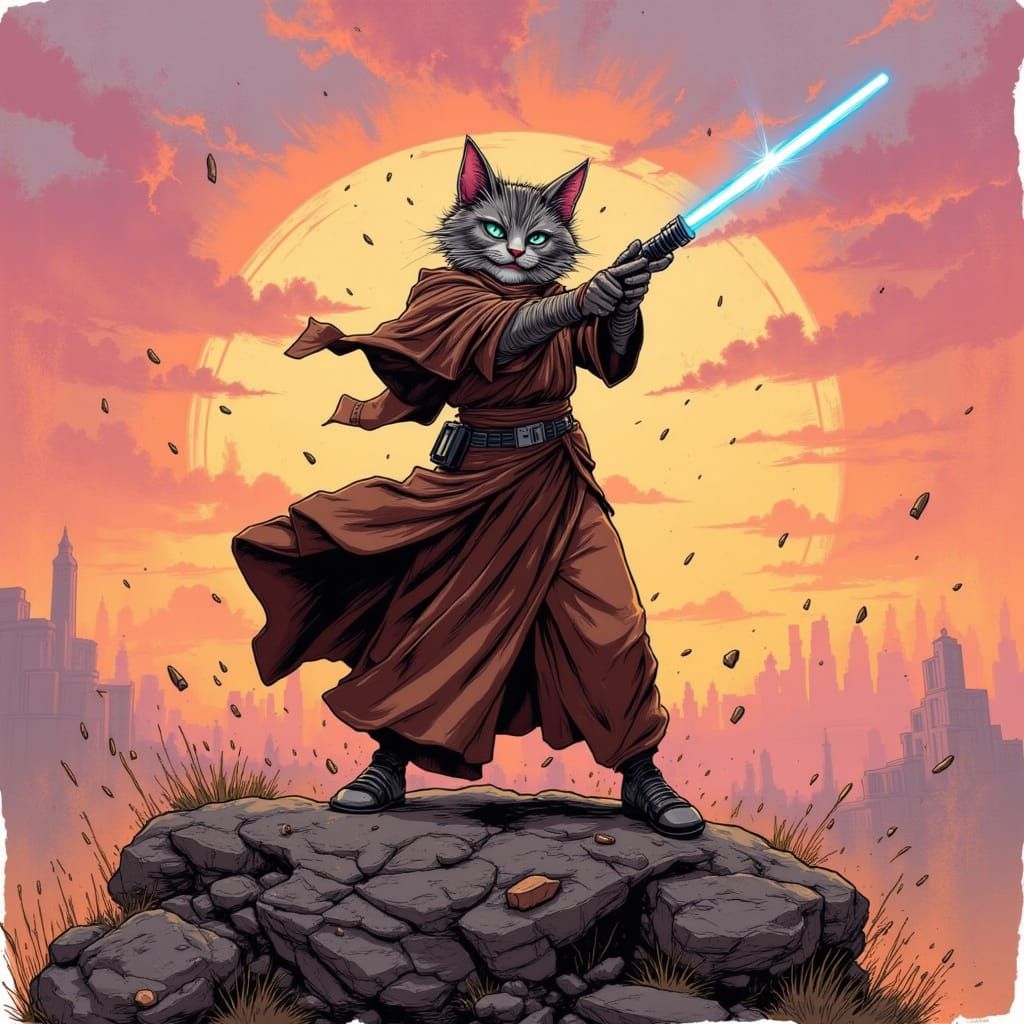 Cat Jedi Master at Sunset, Sci-Fi Concept Art