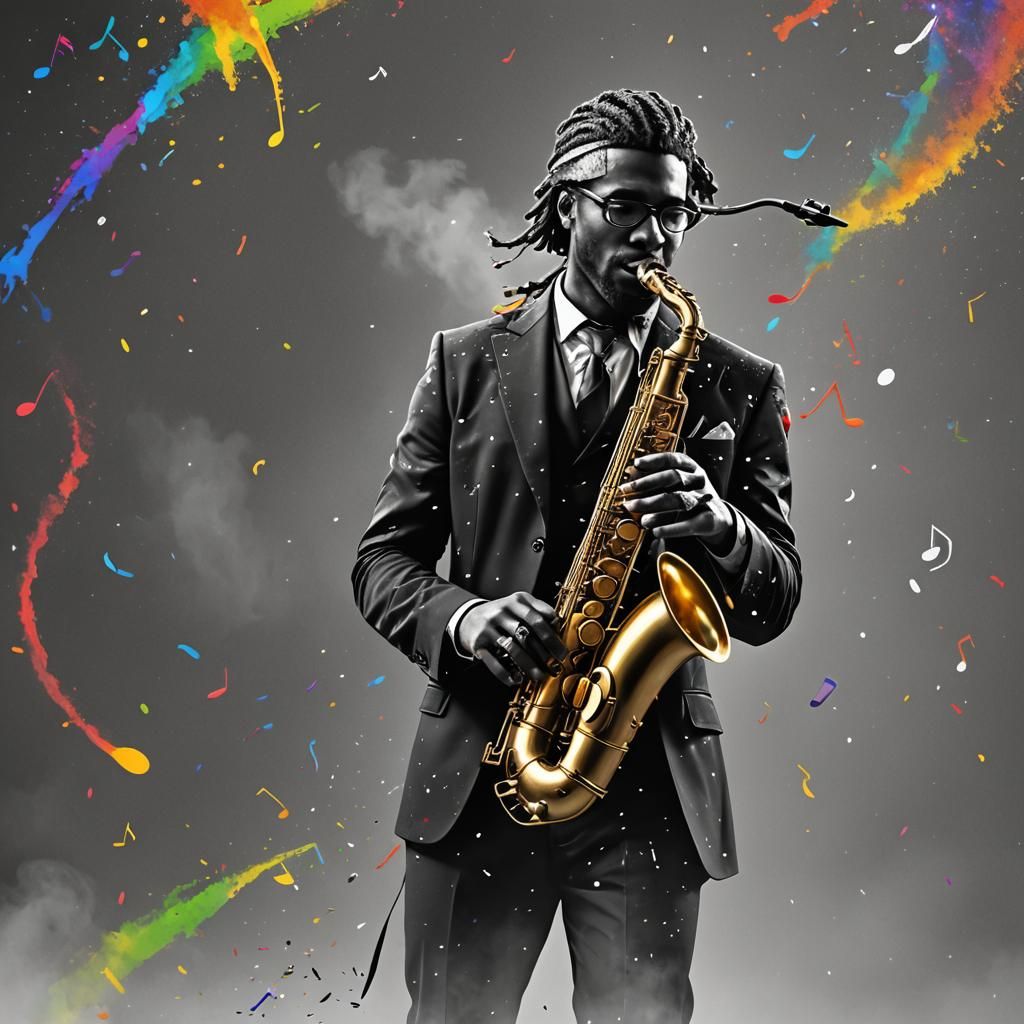 Rainbow Notes Flowing from Saxophone, Fantasy Art