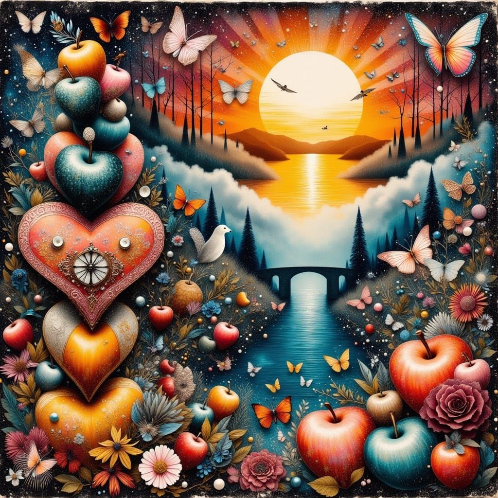 focus on huge shiny red apples Mixed media, lace, silk, text...