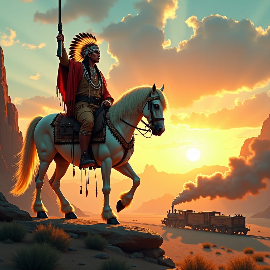 In the Wild West, an Indian chief sits on a white horse and ...